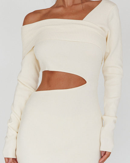 Cream Long Sleeve One-Shoulder Midi Dress