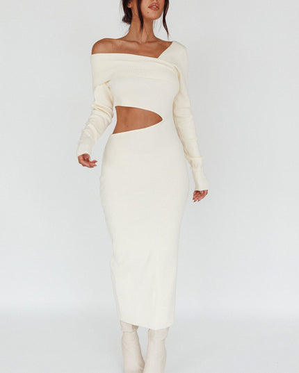 Cream Long Sleeve One-Shoulder Midi Dress