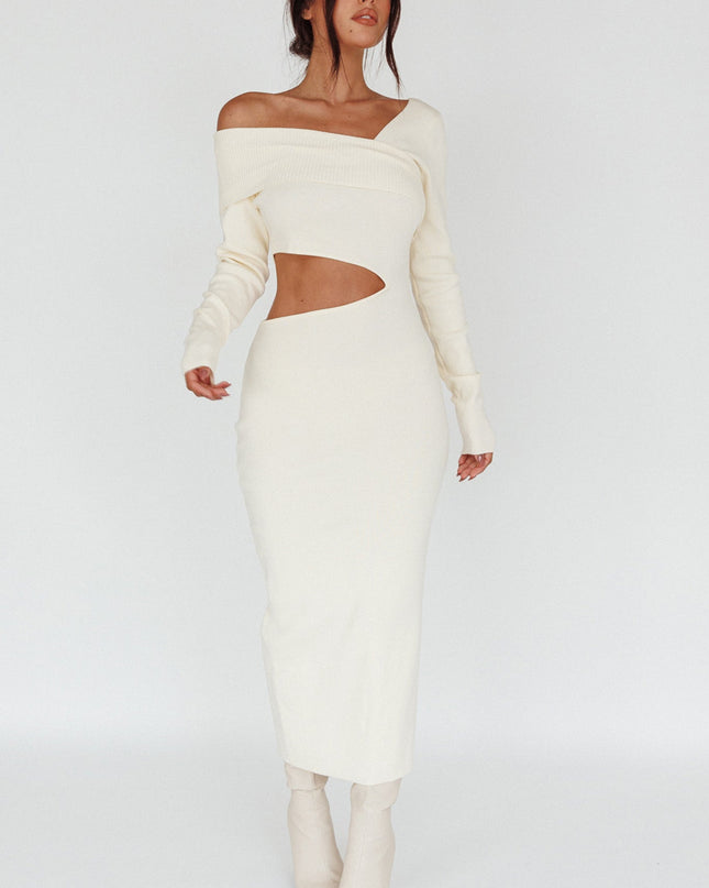 Cream Long Sleeve One-Shoulder Midi Dress