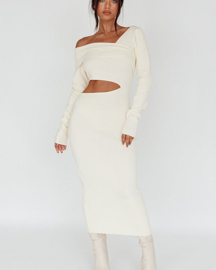 Cream Long Sleeve One-Shoulder Midi Dress