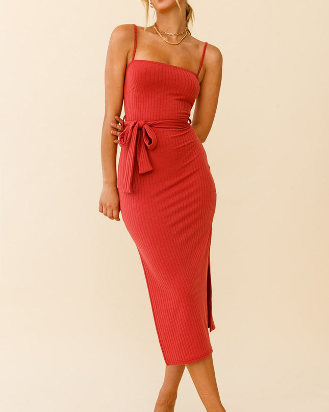 Rose Square Neckline Side Split Midi Dress