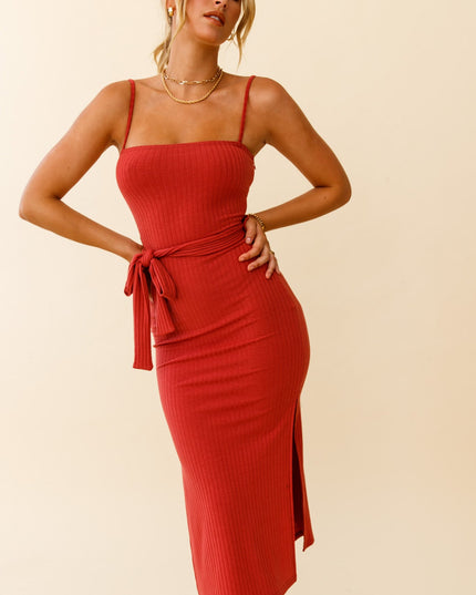Rose Square Neckline Side Split Midi Dress