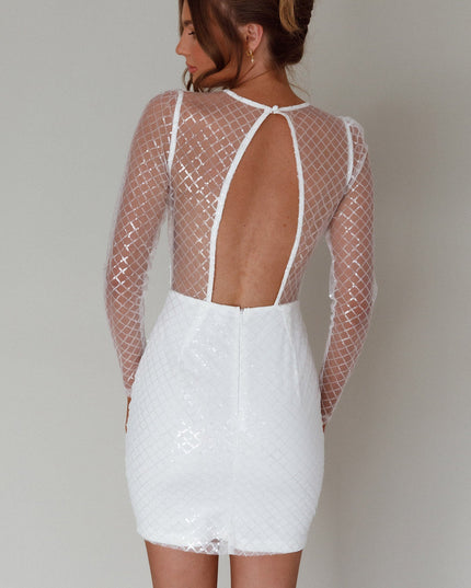 White Plunging Neckline Sequin Mini Dress