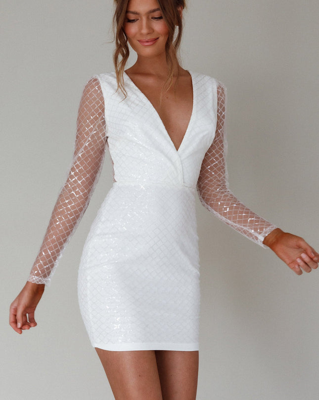 White Plunging Neckline Sequin Mini Dress