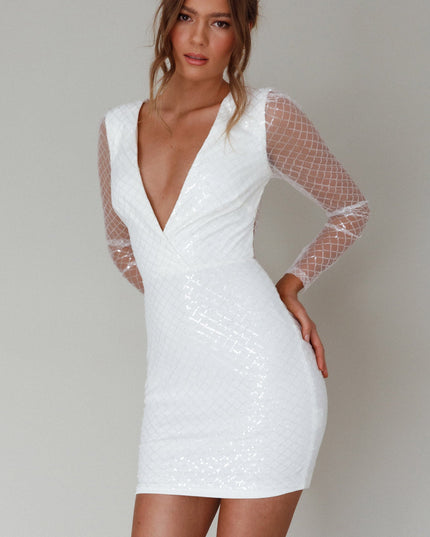 White Plunging Neckline Sequin Mini Dress