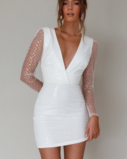 White Plunging Neckline Sequin Mini Dress