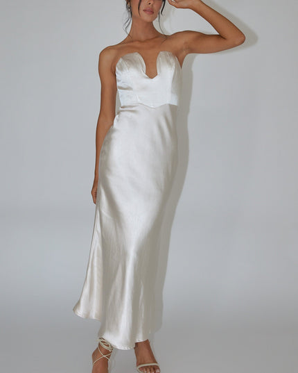 Champagne Strapless Satin Maxi Dress