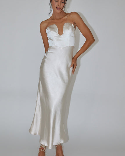 Champagne Strapless Satin Maxi Dress