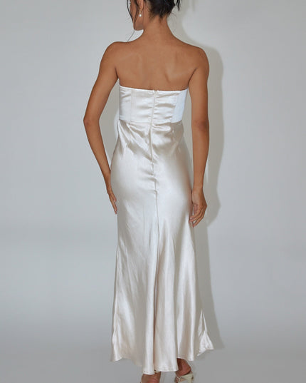 Champagne Strapless Satin Maxi Dress