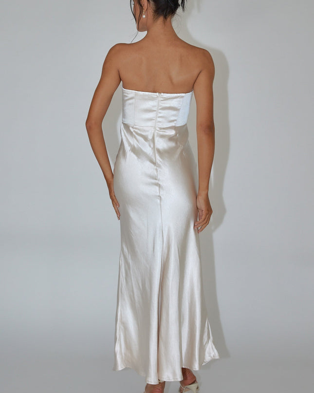 Champagne Strapless Satin Maxi Dress