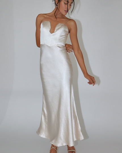 Champagne Strapless Satin Maxi Dress