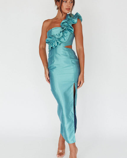 Forest Green Wide Ruffle Shoulder Dress