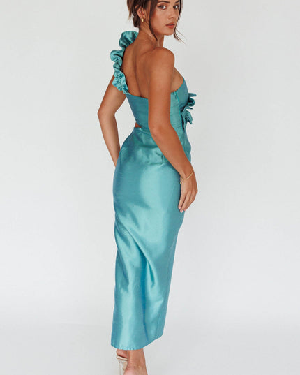 Forest Green Wide Ruffle Shoulder Dress