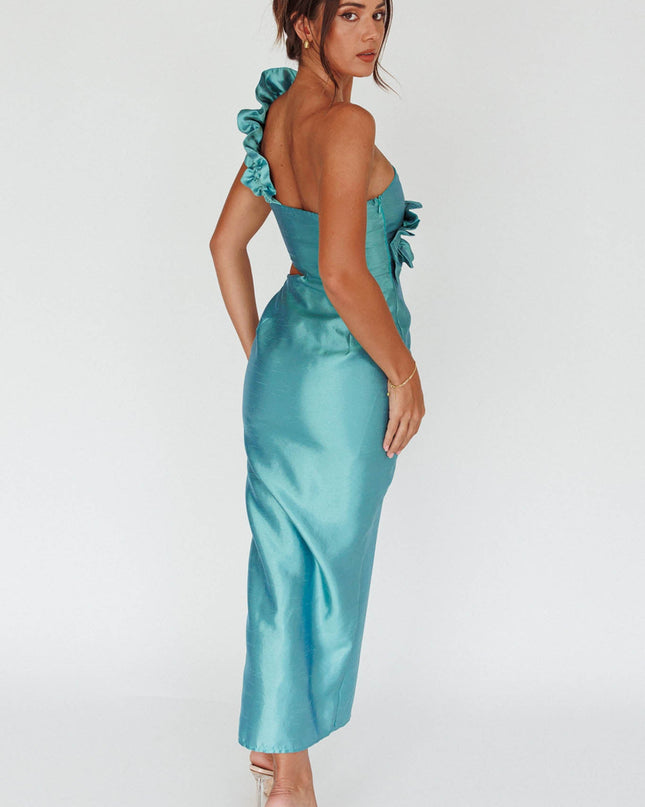 Forest Green Wide Ruffle Shoulder Dress