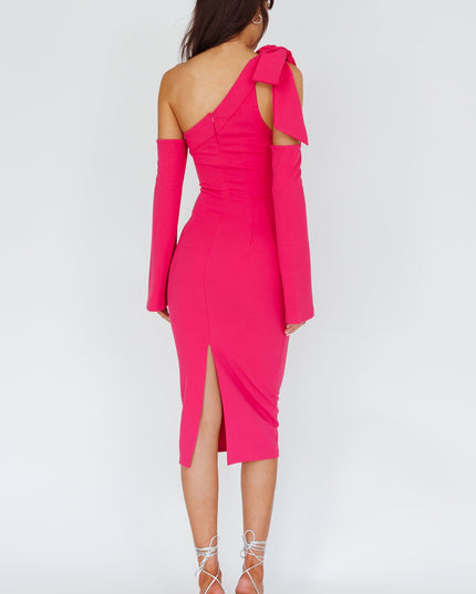 Fuchsia One-Shoulder Bow Midi Dress Dark