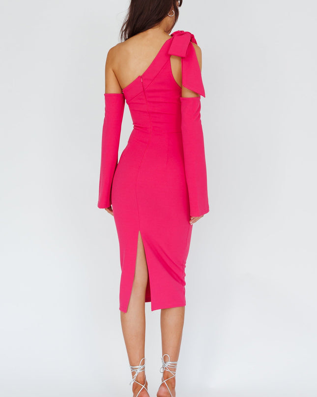 Fuchsia One-Shoulder Bow Midi Dress Dark