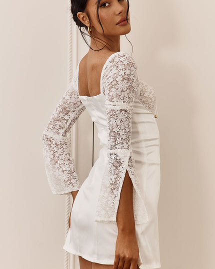 White Lace Bust Long Sleeve Mini Dress