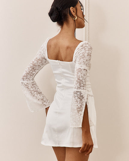 White Lace Bust Long Sleeve Mini Dress