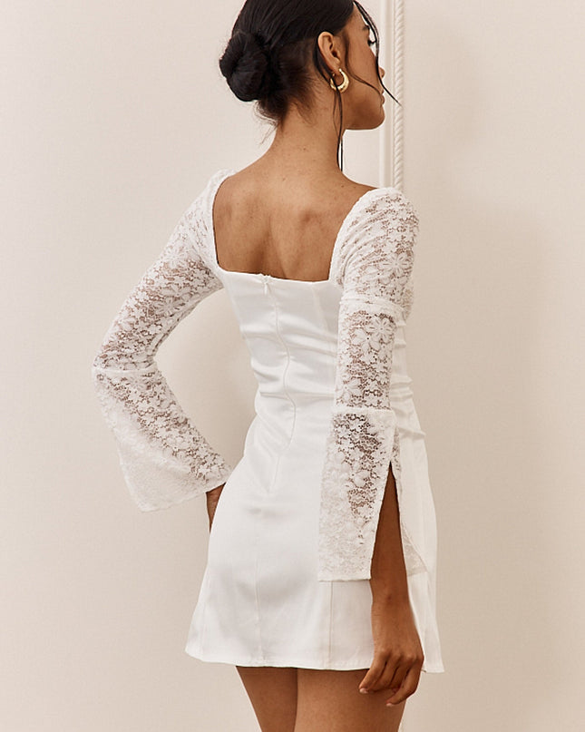 White Lace Bust Long Sleeve Mini Dress