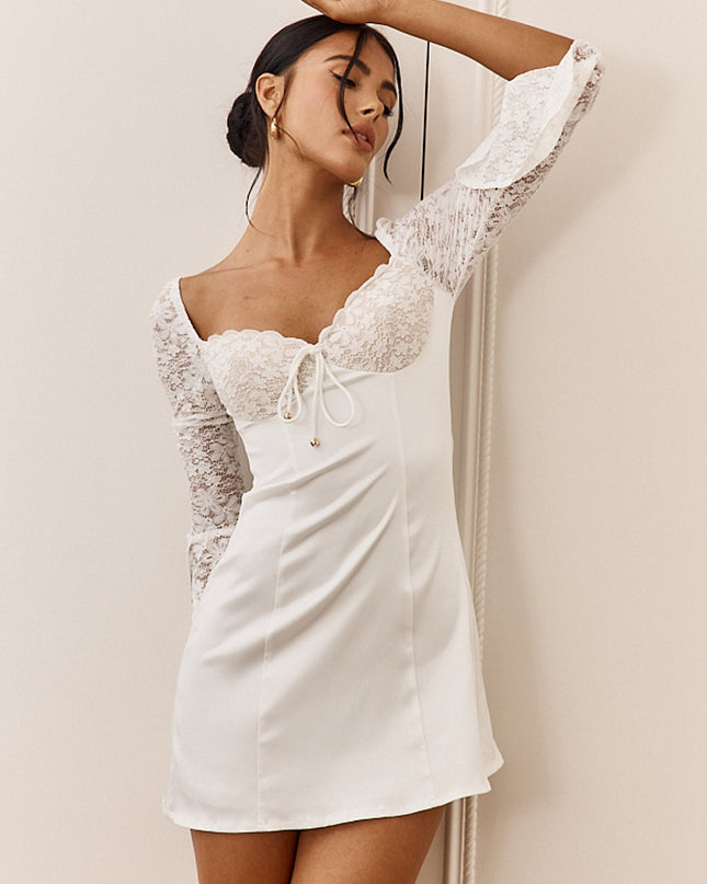 White Lace Bust Long Sleeve Mini Dress
