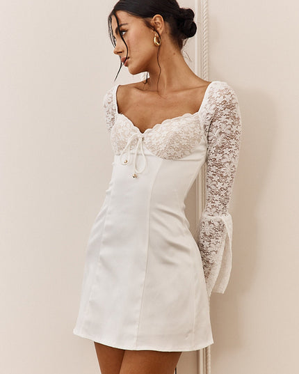 White Lace Bust Long Sleeve Mini Dress
