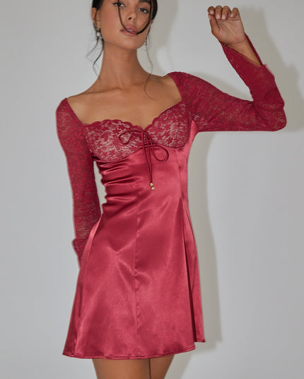 Wine Lace Bust Long Sleeve Mini Dress