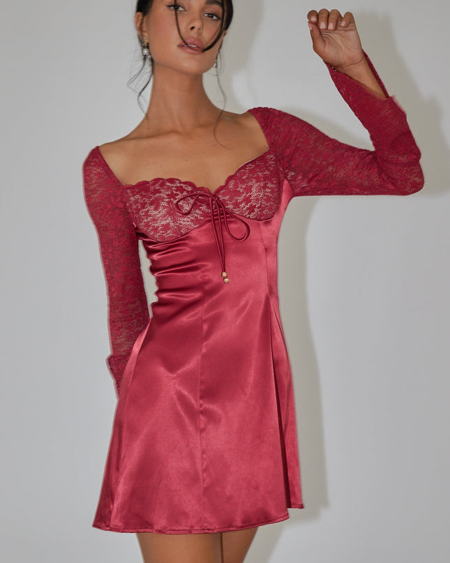 Wine Lace Bust Long Sleeve Mini Dress
