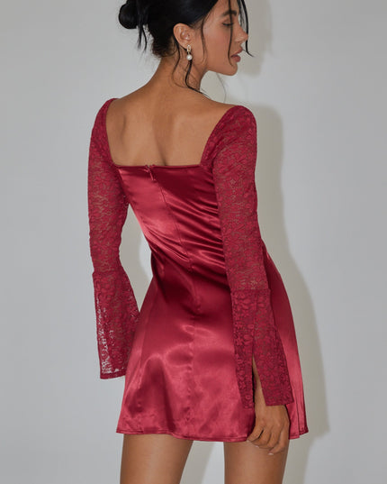 Wine Lace Bust Long Sleeve Mini Dress