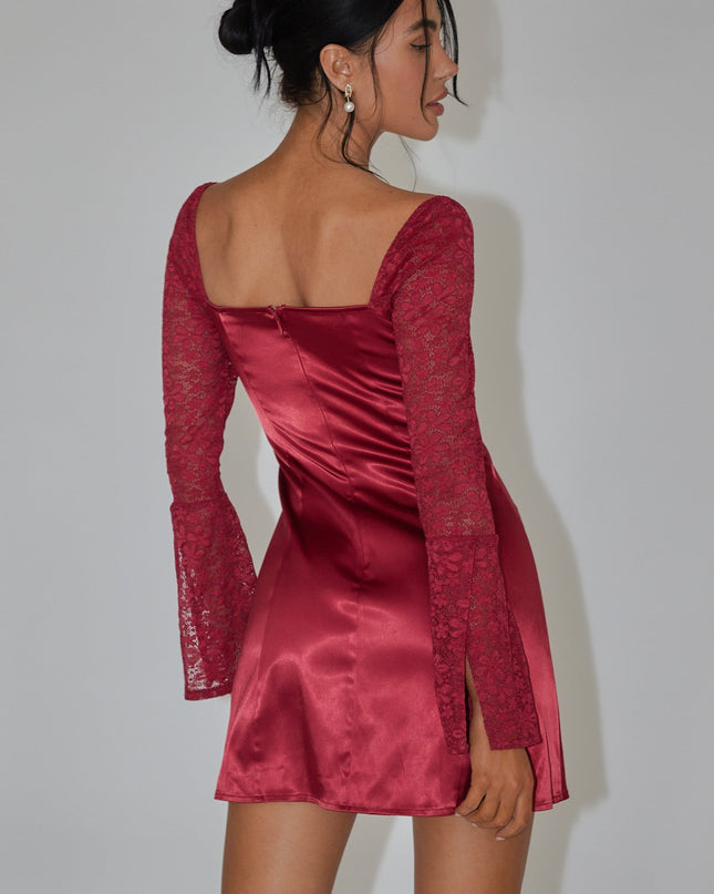 Wine Lace Bust Long Sleeve Mini Dress