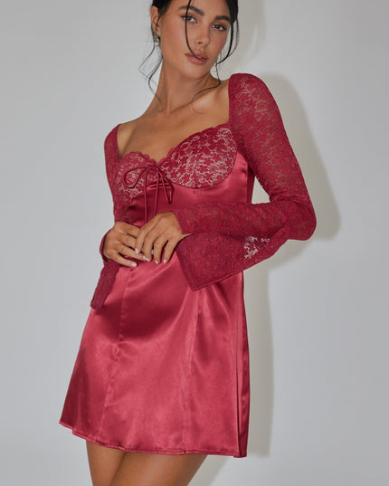 Wine Lace Bust Long Sleeve Mini Dress