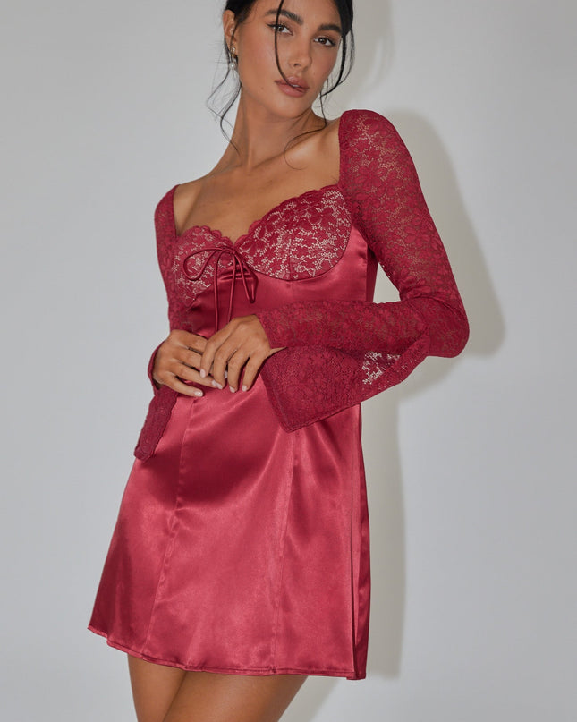 Wine Lace Bust Long Sleeve Mini Dress