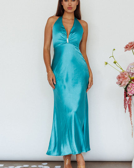 Turquoise Diamante Halterneck Maxi Dress