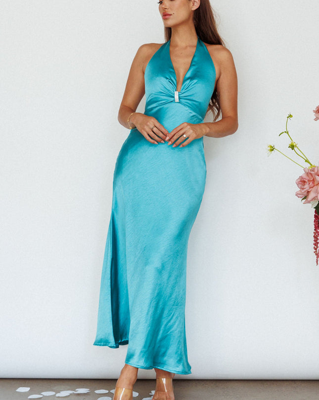 Turquoise Diamante Halterneck Maxi Dress