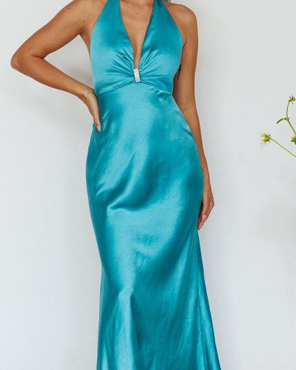Turquoise Diamante Halterneck Maxi Dress