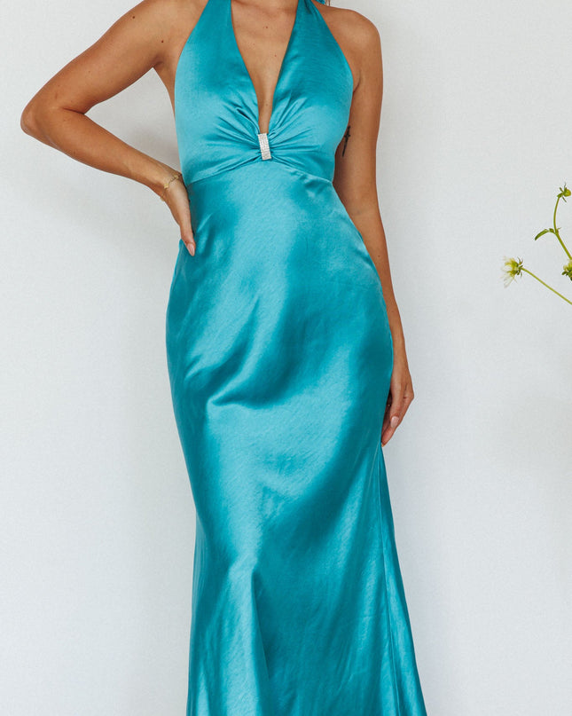 Turquoise Diamante Halterneck Maxi Dress