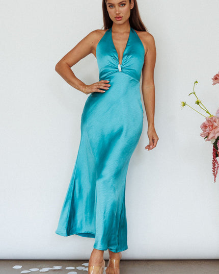 Turquoise Diamante Halterneck Maxi Dress