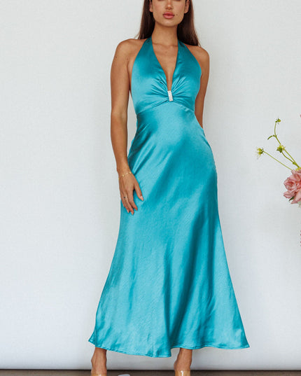 Turquoise Diamante Halterneck Maxi Dress