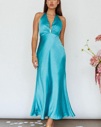 Turquoise Diamante Halterneck Maxi Dress