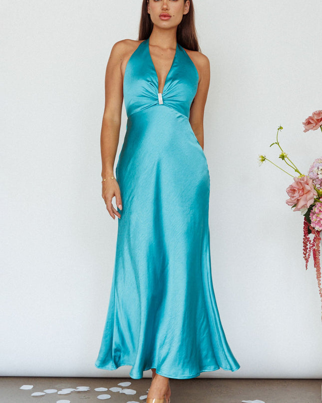 Turquoise Diamante Halterneck Maxi Dress