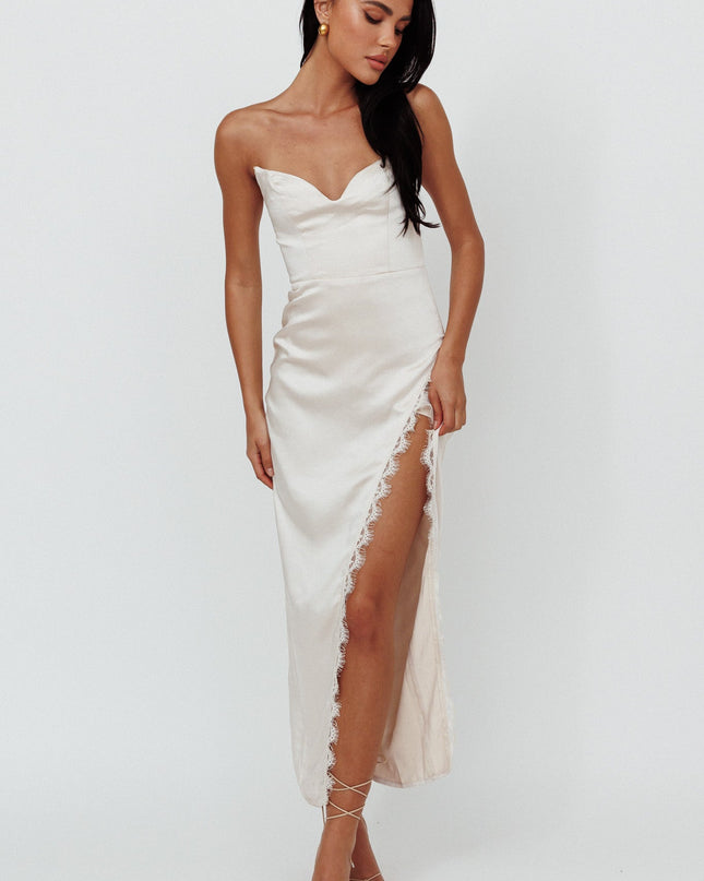 Champagne Moon Strapless Lace Trim Midi Dress