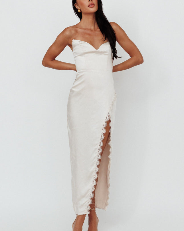 Champagne Moon Strapless Lace Trim Midi Dress