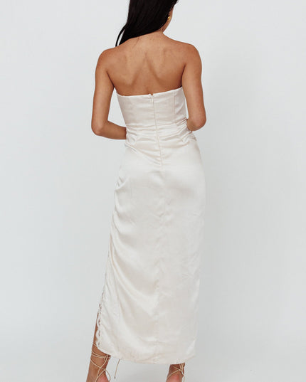 Champagne Moon Strapless Lace Trim Midi Dress