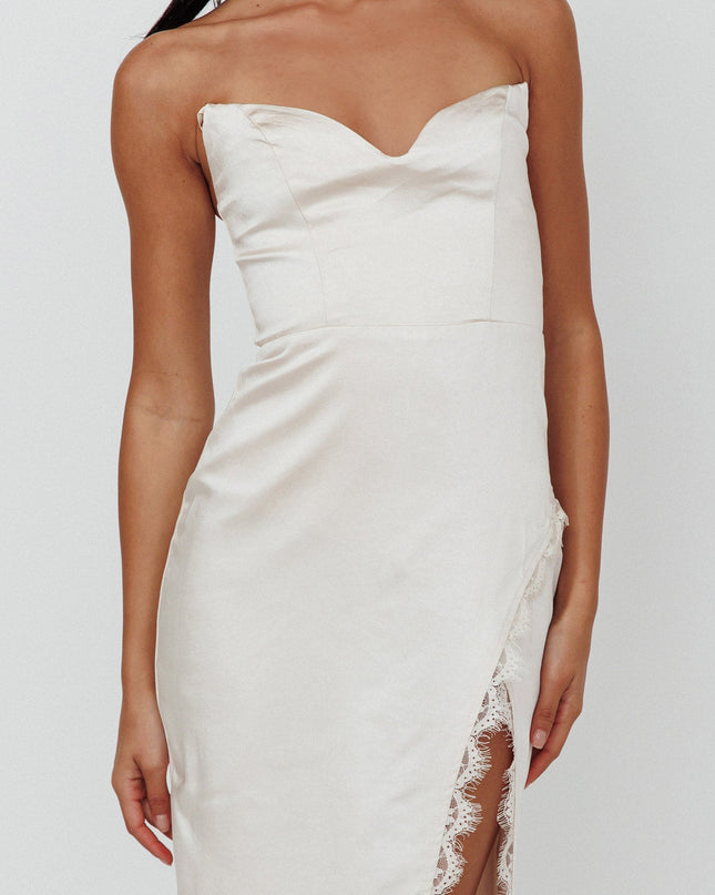 Champagne Moon Strapless Lace Trim Midi Dress