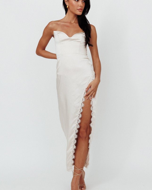 Champagne Moon Strapless Lace Trim Midi Dress
