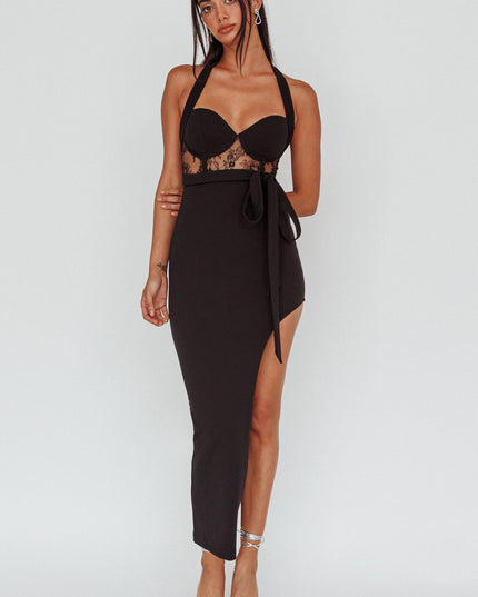 Black Lace Insert Halterneck Midi Dress