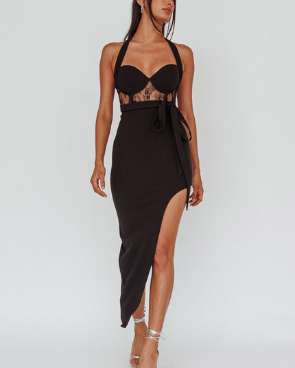 Black Lace Insert Halterneck Midi Dress