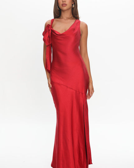 Red Bow Shoulder Split Midi Dress