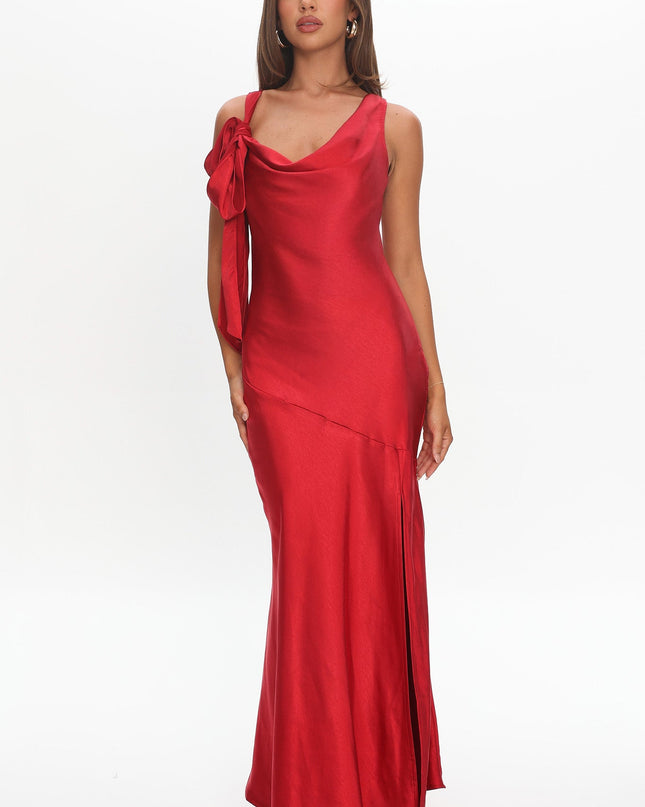 Red Bow Shoulder Split Midi Dress