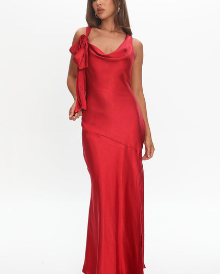 Red Bow Shoulder Split Midi Dress