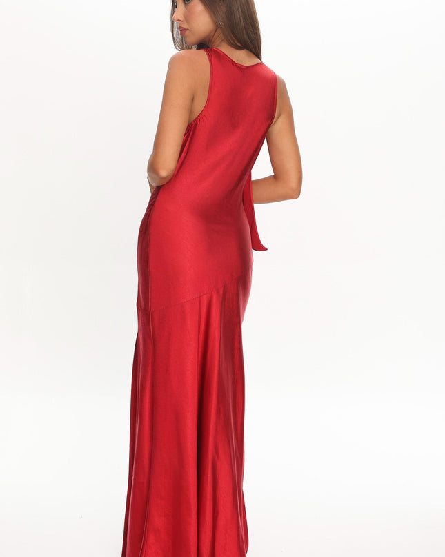 Red Bow Shoulder Split Midi Dress
